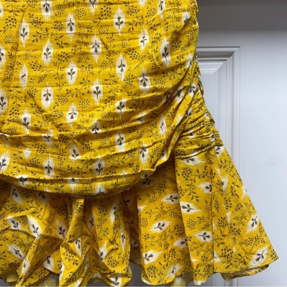 Veronica Beard Taras Skirt Ruched Botanical Ikat Floral Mini Skirt in Yellow